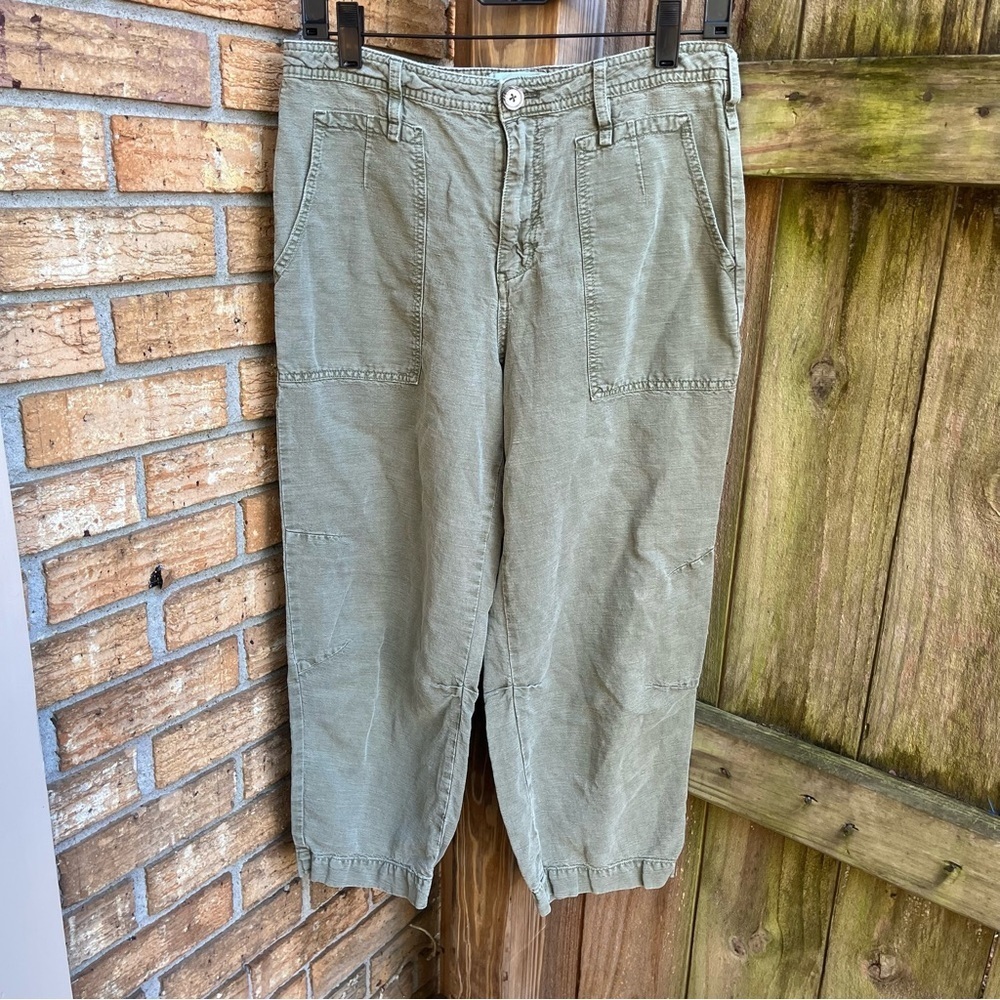 Anthropologie Olive Green Linen Blend Wide Leg Cropped Trousers